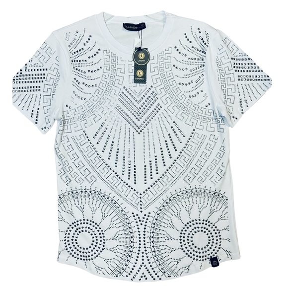 LAVERITA NWT Men's White Crewneck Rhinestone Studs Medusa Short Sleeve Shirt S